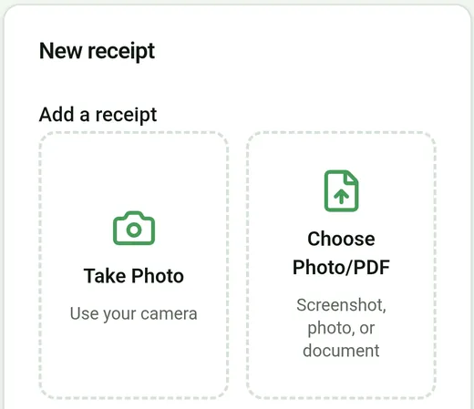 Nabbit app Capture receipt screen with Take Photo and Choose Photo/PDF options