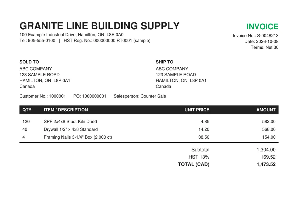 Sample supplier invoice from a fictional lumber yard to ABC Company, with vendor, line items, 13% HST of $169.52 and a total of $1,473.52 CAD